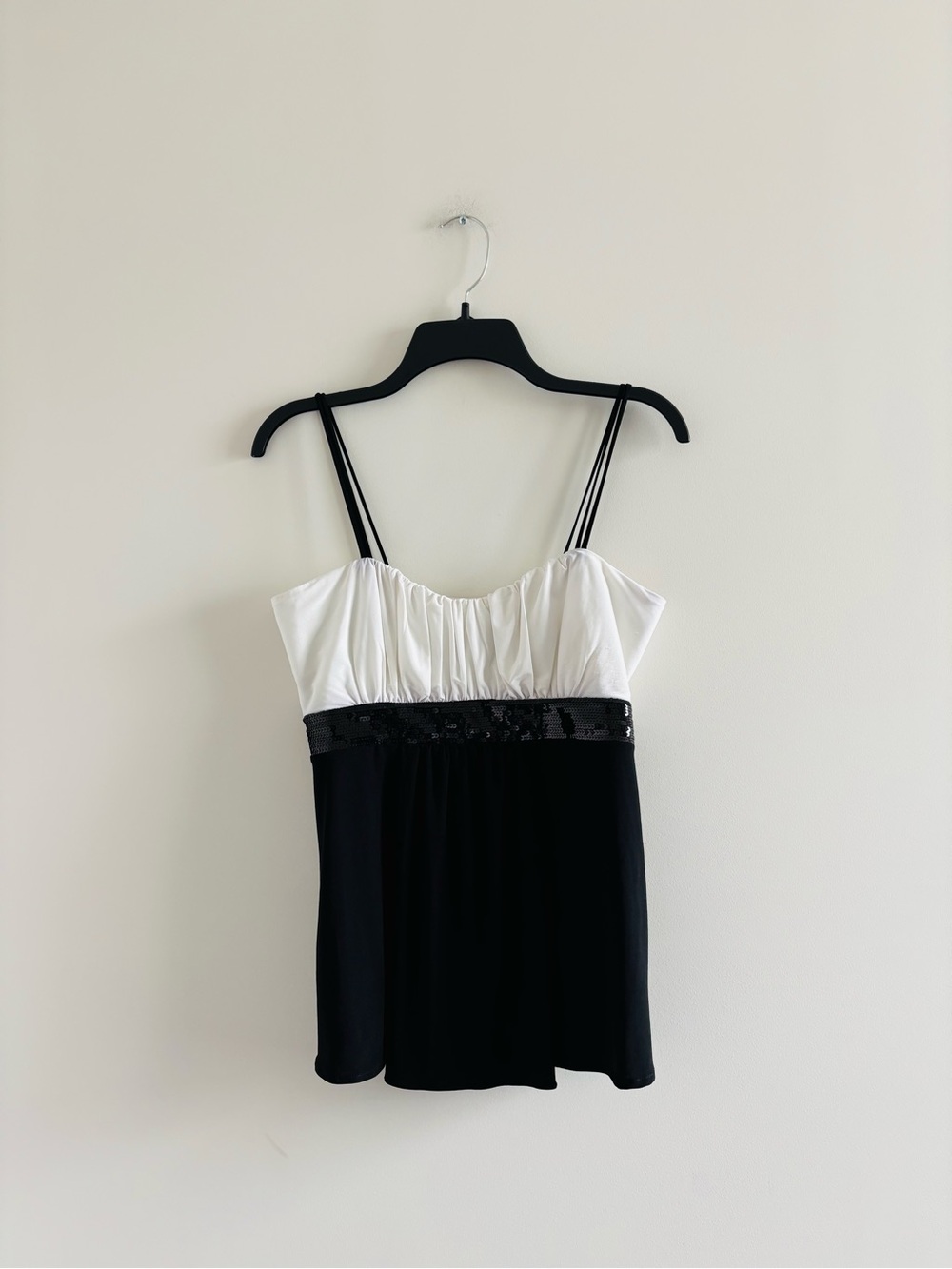 Vintage Linda Segal Tank Top Camisole Black White Satin Sequin M Glam Y2K USA